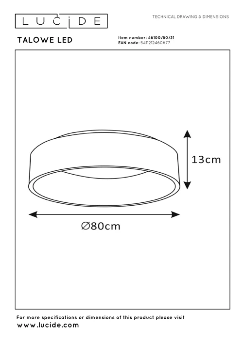 Lucide TALOWE LED - Deckenleuchte - Ø 80 cm - LED Dim. - 1x80W 3000K - Weiß - technisch